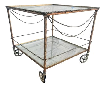 1980s Vintage Wrought Iron Bar/ Tea Serving Cart Glass Two Tier