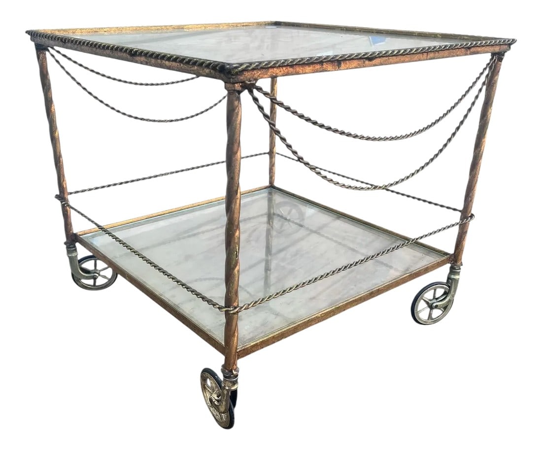 1980s Vintage Wrought Iron Bar/ Tea Serving Cart Glass Two Tier (1 of 10)