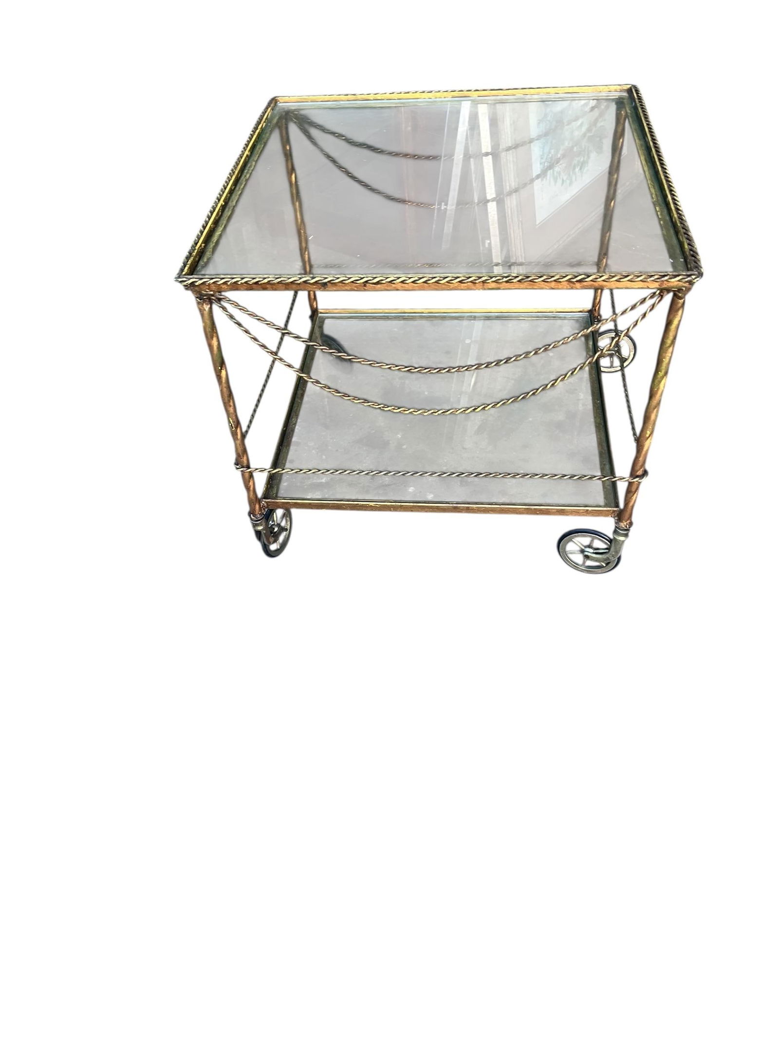 1980s Vintage Wrought Iron Bar/ Tea Serving Cart Glass Two Tier - 4