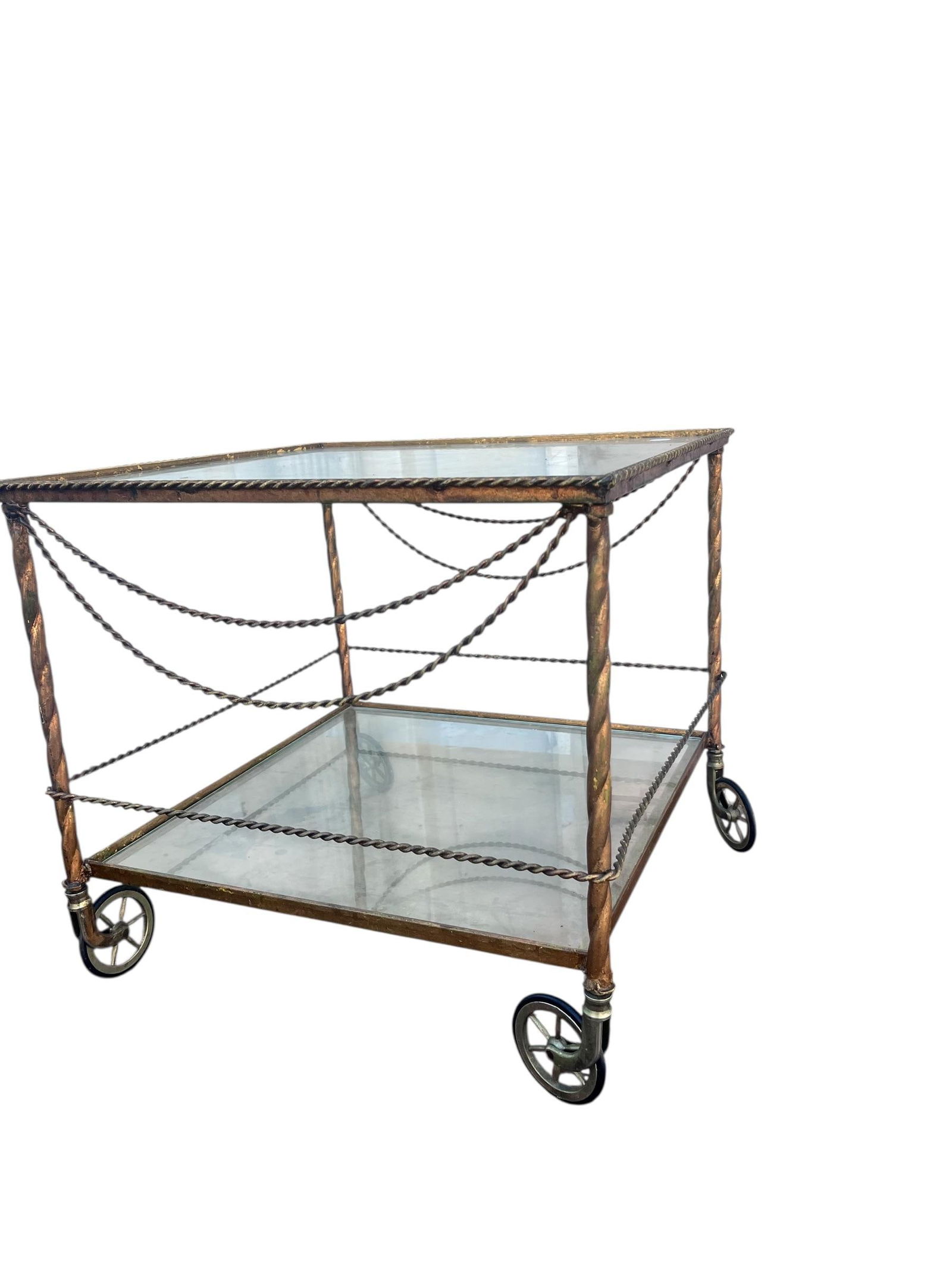 1980s Vintage Wrought Iron Bar/ Tea Serving Cart Glass Two Tier - 5