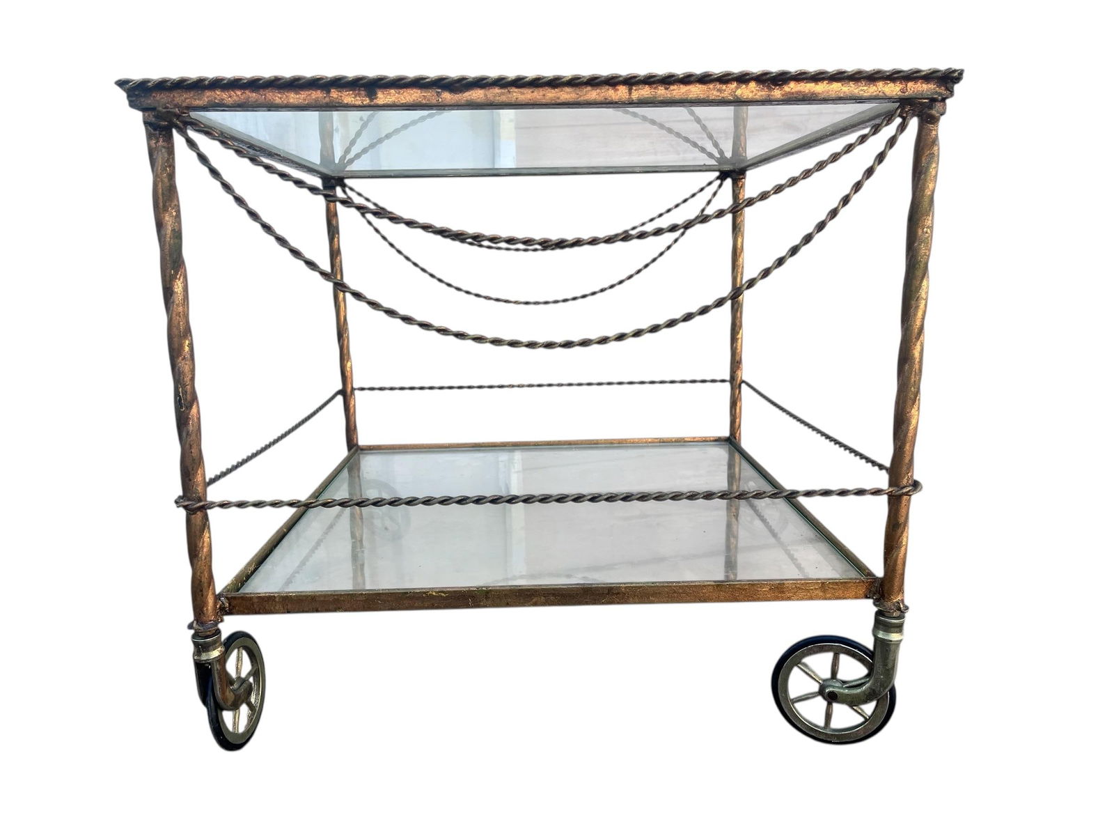1980s Vintage Wrought Iron Bar/ Tea Serving Cart Glass Two Tier - 7