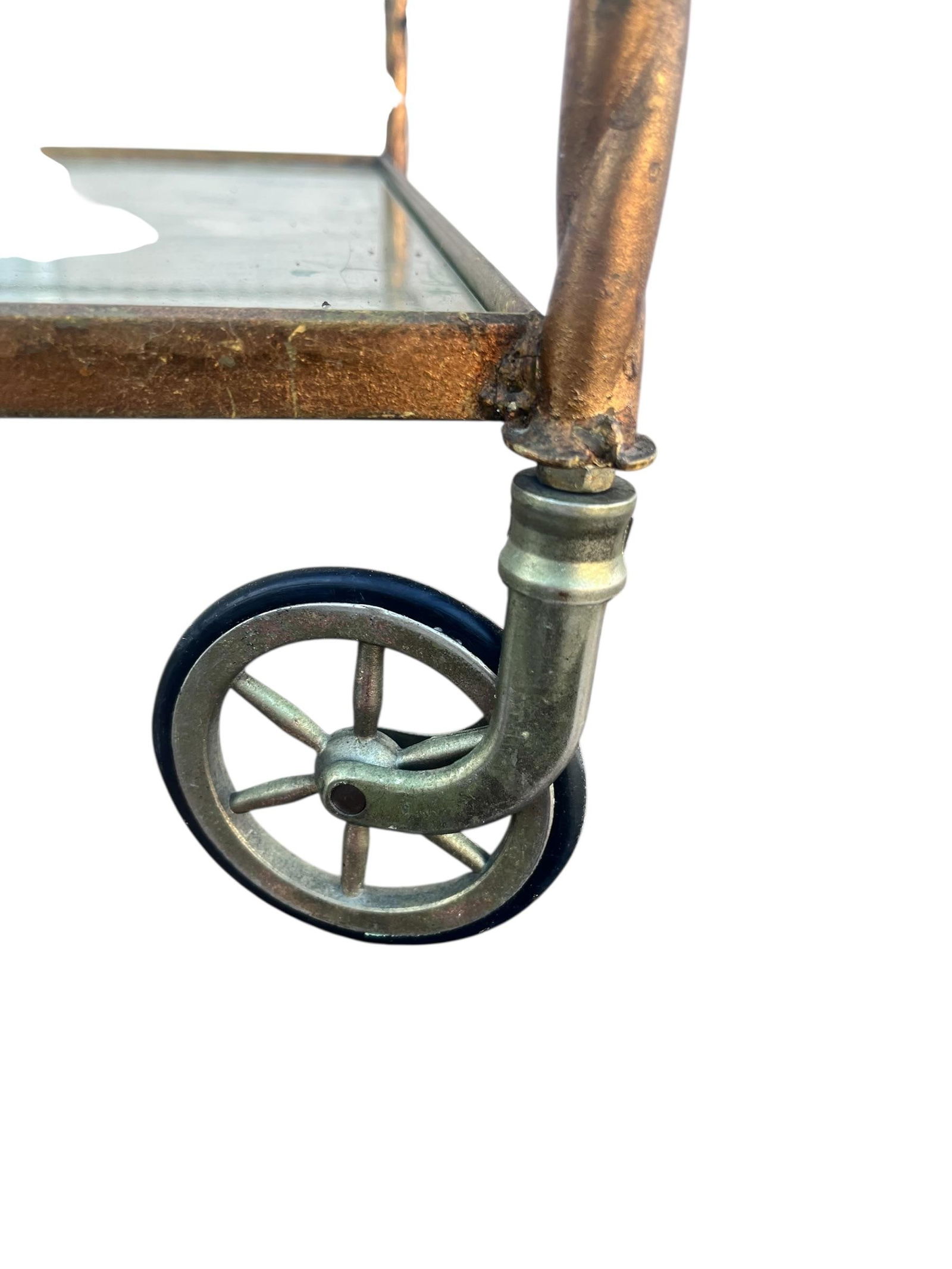 1980s Vintage Wrought Iron Bar/ Tea Serving Cart Glass Two Tier - 9