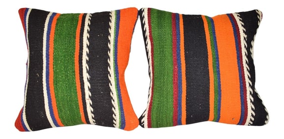 Striped Turkish Kilim Pillow - a Pair 16" X 16"
