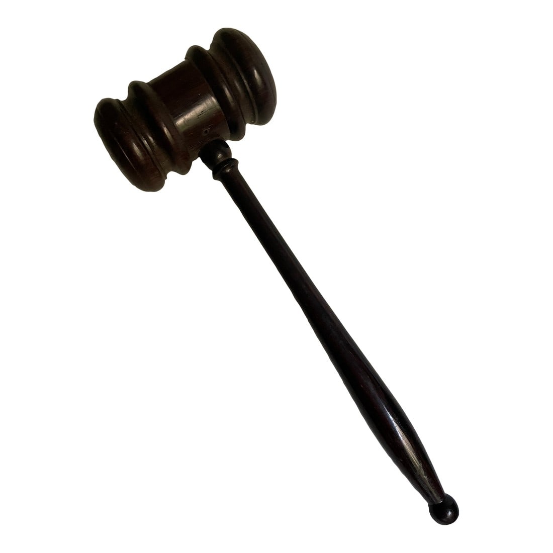 Mid 20th Century Rosewood Hardwood Carved Judge Auctioneer Gavel: This is an elegant looking gavel made of rosewood with the wonderful color, grain and super hardness of the wood. It is nicely carved with the traditional shape of a gavel and is in good condition. 