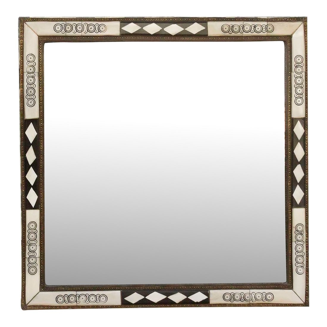 20th Century Moroccan Inlaid Mirror: A beautiful 20th Century Moroccan mirror, measuring a versatile 24 inches square. The mirror's frame is its most striking feature, adorned with exquisite inlay work set into a contrasting dark wood