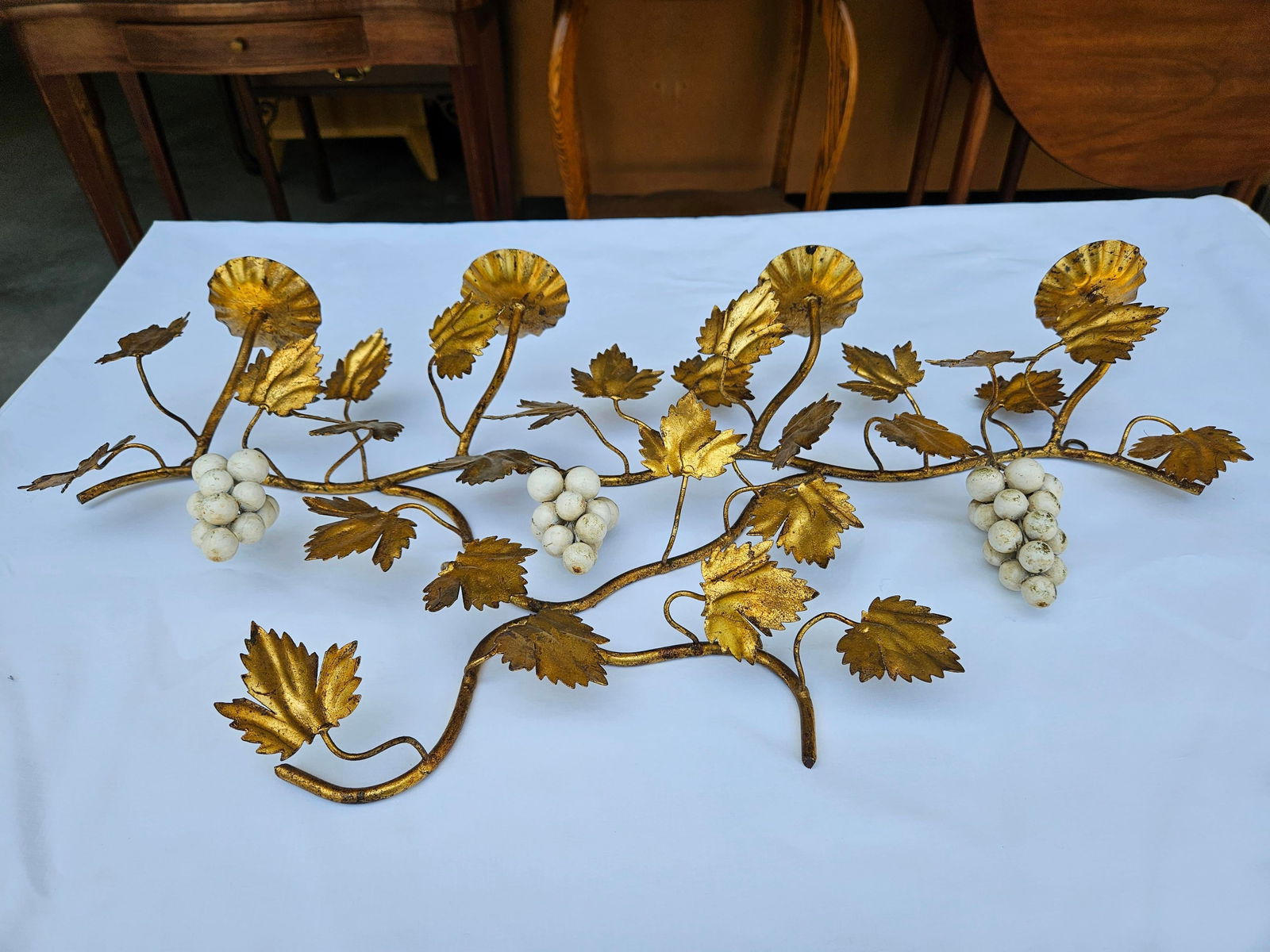Gilt Tole Grapevine and Leaf Wall Mount Candelabra - 2