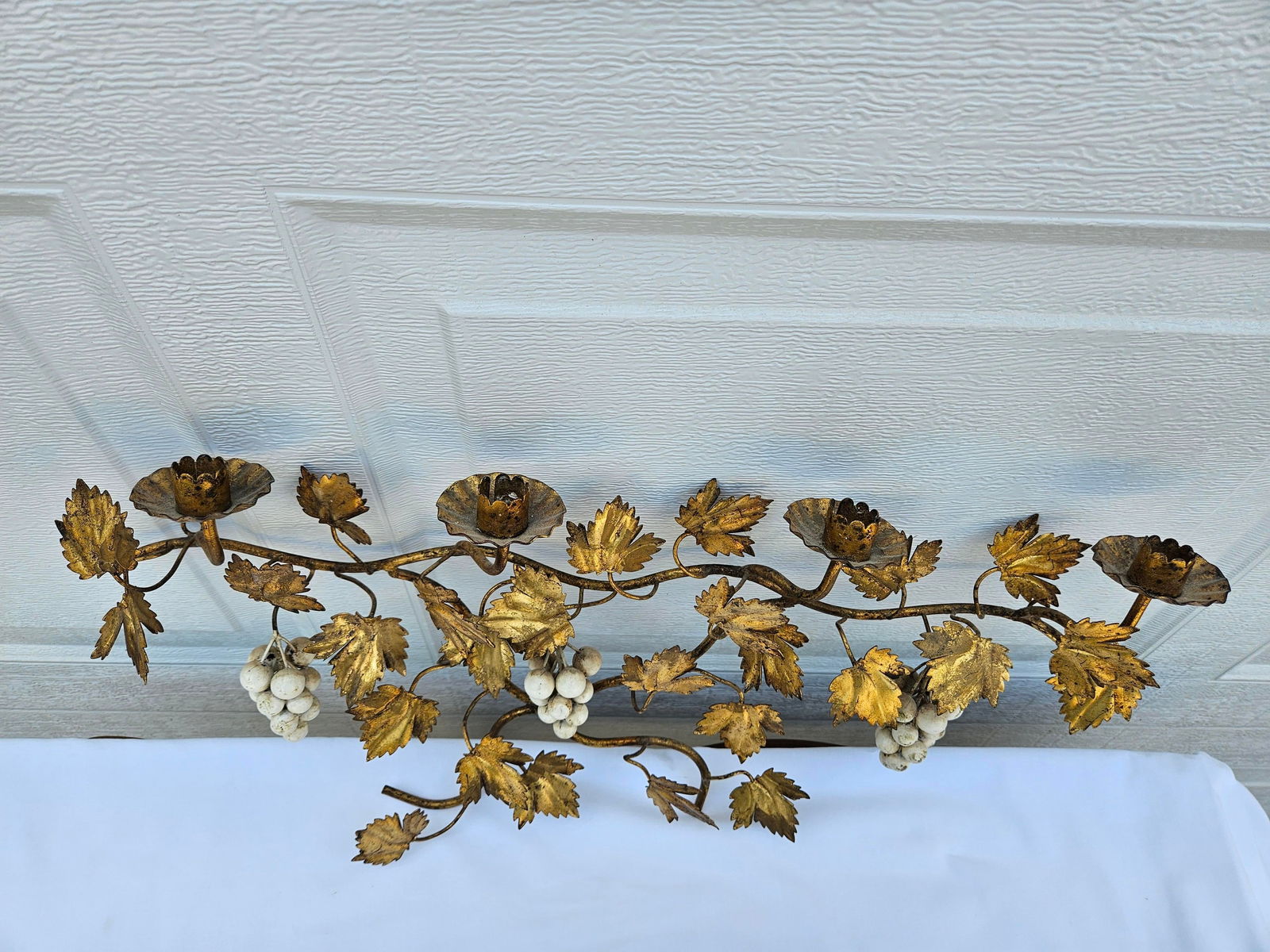 Gilt Tole Grapevine and Leaf Wall Mount Candelabra - 6