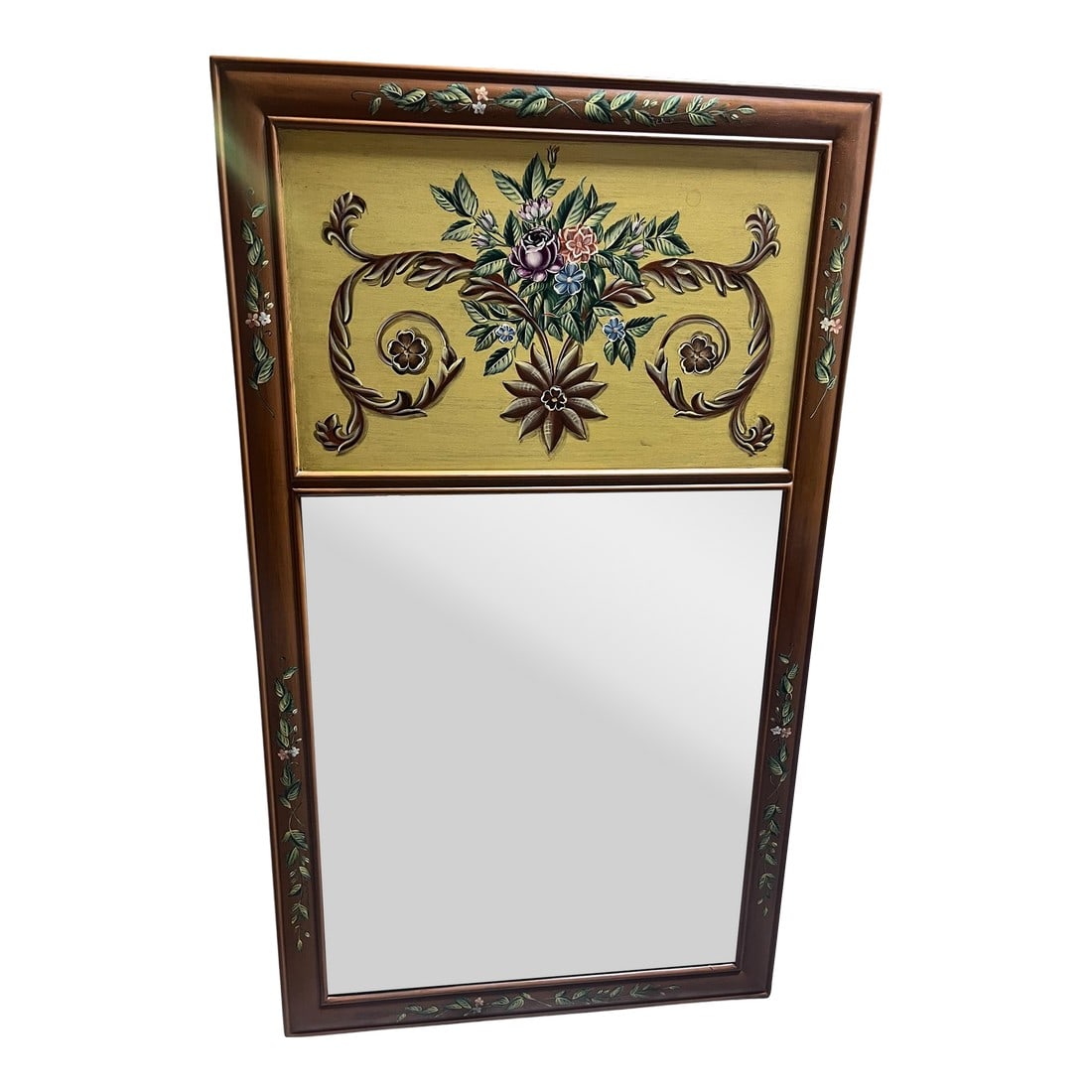 Hilda Flack Large Hand Painted Wall Mirror: Large Hilda Flack accessories large wall mirror. Hand painted flowers and leaves with beautiful yellow background on solid wood. Ready to hang Condition: Alterations: Original Condition Unaltered
