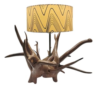 Extra Large Mid-Century Modern Teak Root Sculptural Lamp With Original 1960s Shade, 36" Diameter