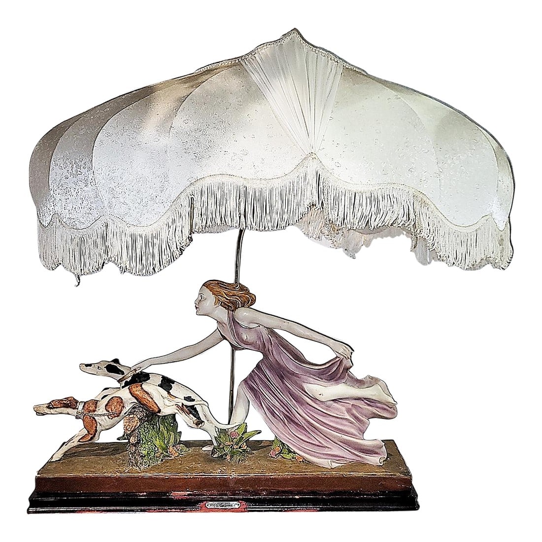 Art Nouveau Style VIntage Table Lamp by Ok Collections: Own a table lamp like no other, a 1970s vintage art nouveau style lamp of women running with greyhounds, solid and heavy resin on a shabby wooden base, period shirred and fringed lamp shade. Tested