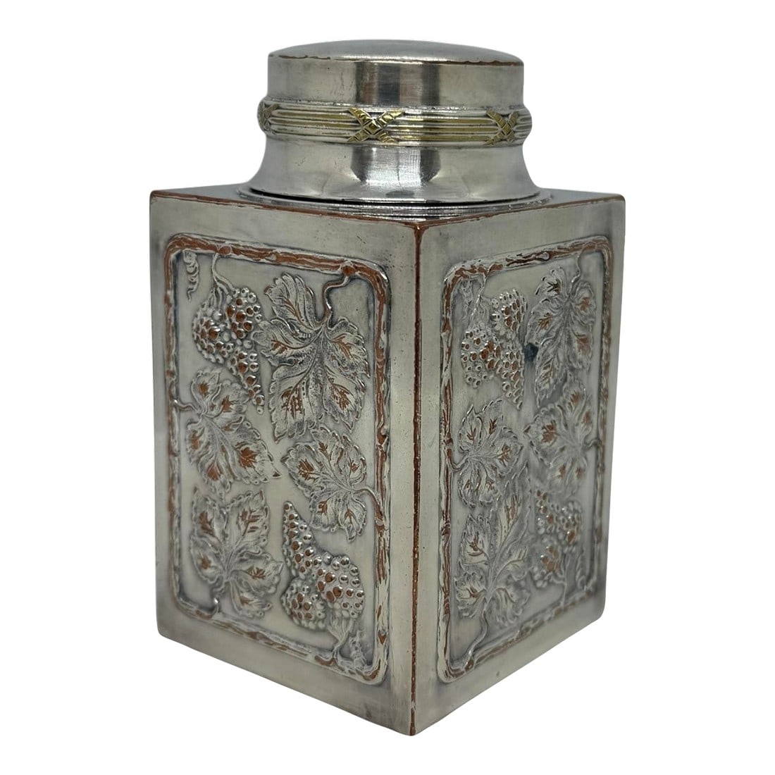 Mid 20th Century Lawrence B. Smith Silver on Copper Tea Caddy With Grapevine & Leaf Design, Circa 19: Discover a charming piece of mid-century elegance with this Lawrence B. Smith silver on copper tea caddy, featuring a beautiful grapvine and leaf design, circa 1940. This exquisite item stands at 4