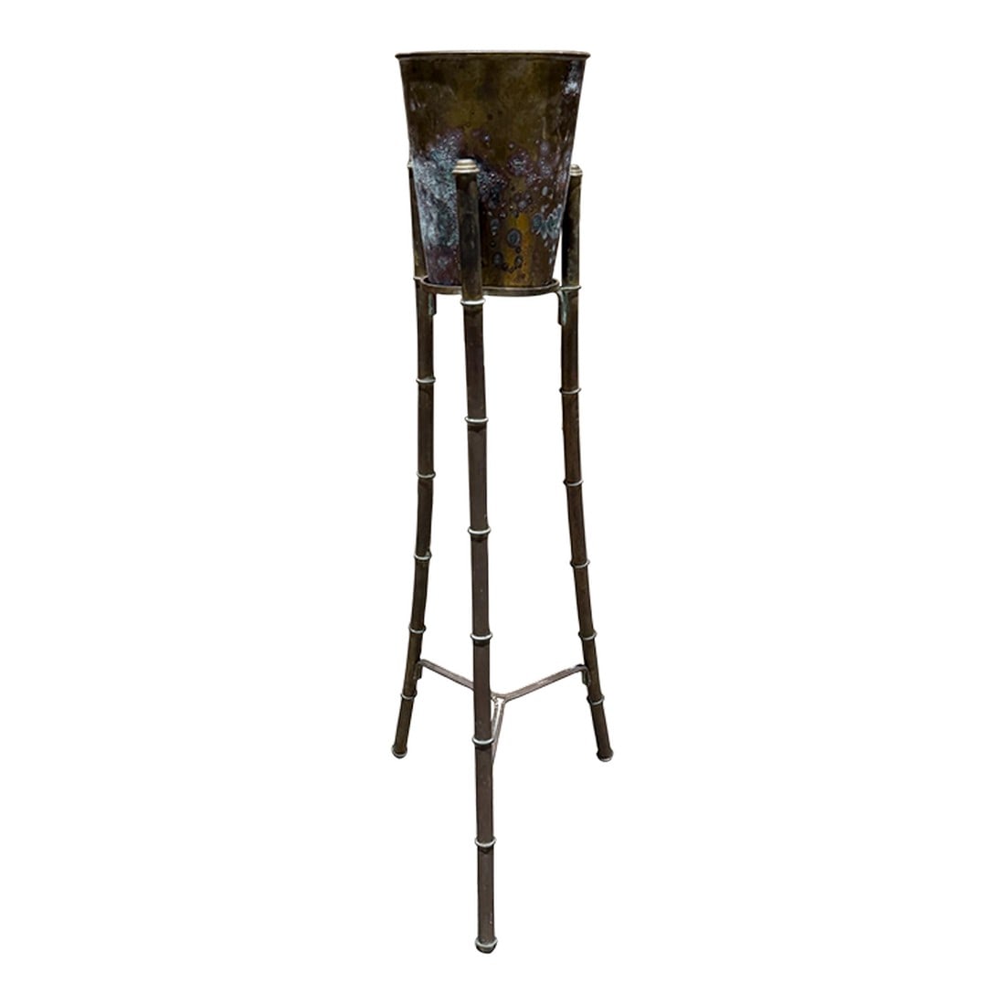 French Hollywood Regency Tripod Brass Planter Stand: For your consideration, a vintage Planter Stand or jardiniere. Tripod brass stand with matching brass bucket. Unmarked. Hollywood Regency Period. Legs of brass stand are faux bamboo. Dimensions: