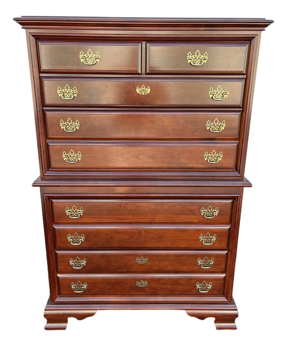 Cherry Chippendale 6-Drawer Cheat of Drawers: A beautiful bright Cherry Chippendale style chest of drawers. A sought after design for space saving, this tall chest features a total of six compartments and mimics a chest-on-chest style. This