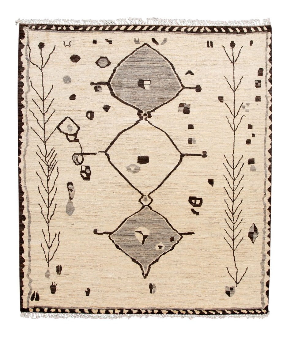 Modern Moroccan-Style Tribal Room Size Wool Rug 8 Ft 4 in X 9 Ft 7 In: Beautiful Moroccan-style hand-knotted wool rug with an Ivory field. This Rug has accents of brown and gray in a gorgeous all-over Geometric tribal design. This rug measures 8'4" x 9' 7". 