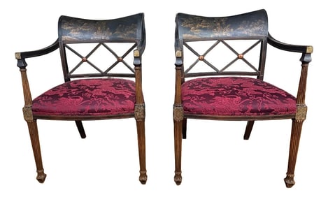 Pair of English Regency Style Chinoiserie Armchairs by Interior Crafts, Newly Reupholstered in Schum