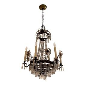 Mid-Century French Bronze and Cut Crystal Chandelier With Crystal Roses, 1950s
