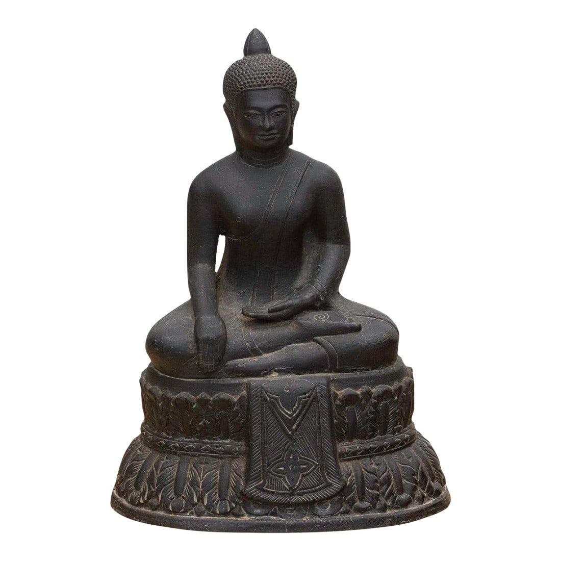 Captivating Metal Buddha With Patinated Finish: This captivating patinated Buddha figure, measuring 8 inches wide, 5 inches deep, and 11 inches high, embodies profound serenity and spiritual depth. Crafted from patinated metal (likely bronze or a