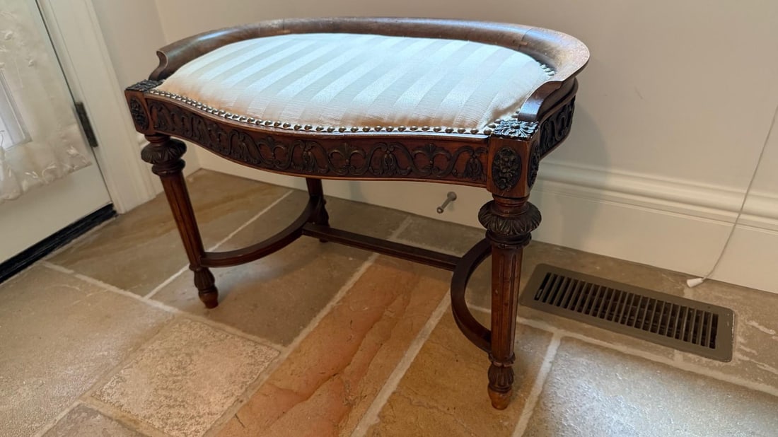 Antique Irish Carved Dressing Table Stool With Upholstered Seat - 2