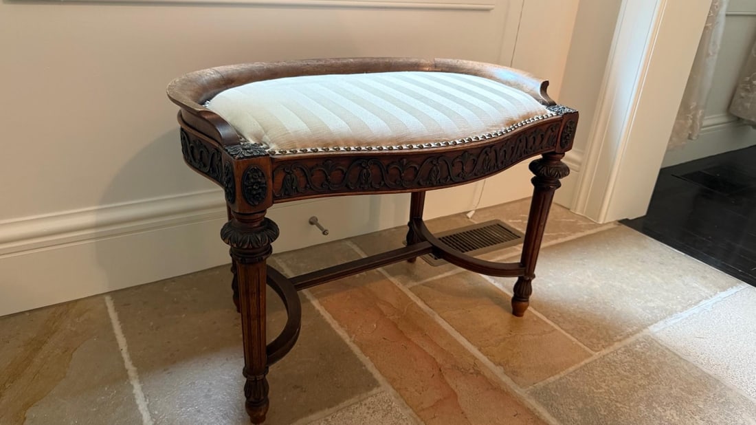 Antique Irish Carved Dressing Table Stool With Upholstered Seat - 3