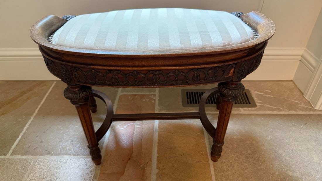 Antique Irish Carved Dressing Table Stool With Upholstered Seat - 7