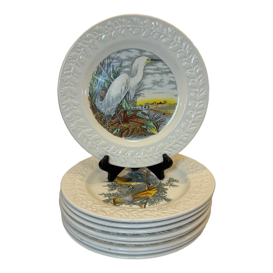 1960s Adams China Birds of America Laurel Dinner Plates - Set of 9: Set your table with this fantastically vintage set of nine white cream earthenware Adams China "˜Birds of America' transferware dinner plates. This particular line was first produced in the 1960s