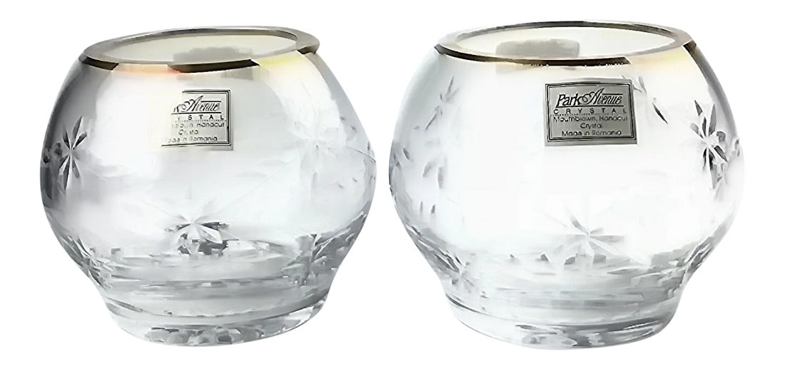 Vintage Park Avenue 1960s Crystal & Gold Votive Holders - a Pair: Mouth blown, hand cut crystal votive candle holders are trimmed at the mouth with pure gold. This is a rare set. Never used and only the gold has tarnished. I have not touched it. These were made in