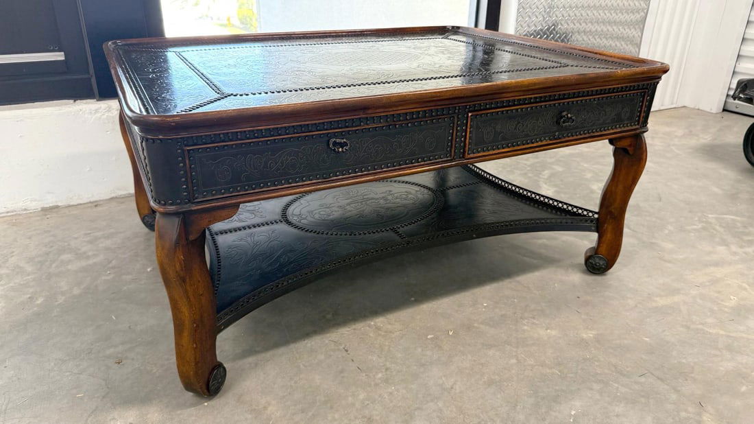 Theodore Alexander Louis XIII Style Etched Brass Tray Top Coffee Table - 2