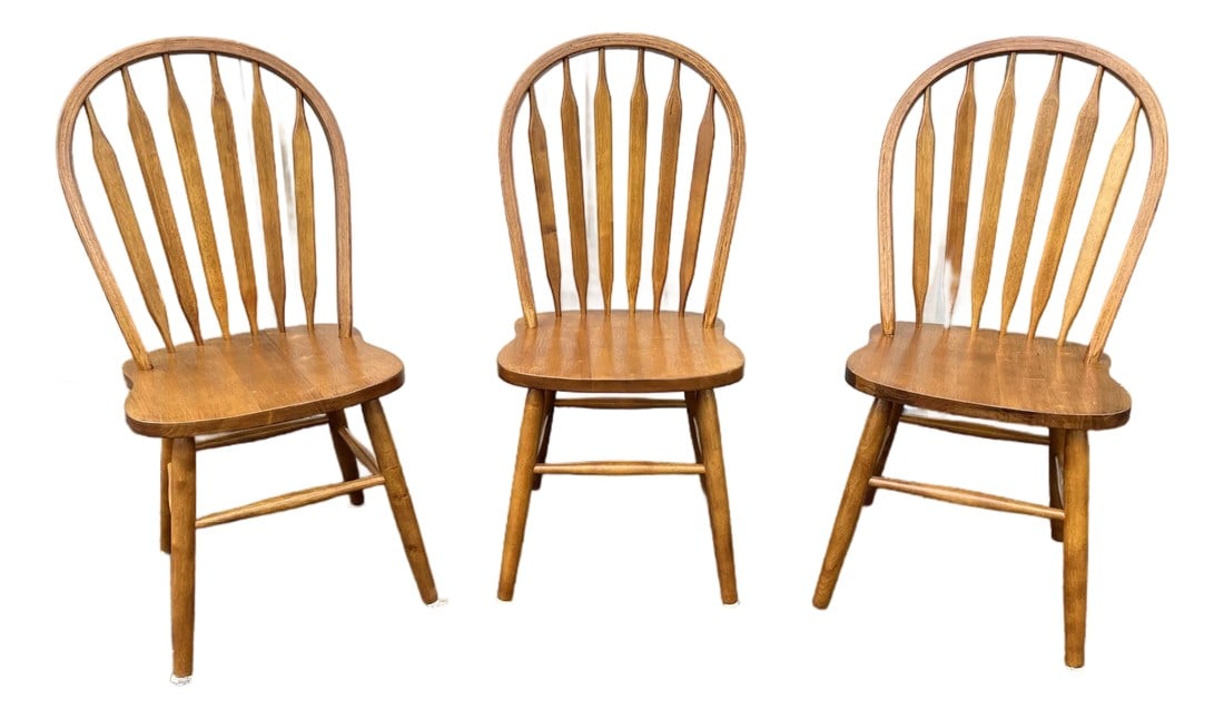 Windsor Style Cherry Dining Chairs- Set of 3: A set of three cherry Windsor style dining or kitchen chairs. In fantastic condition with beautifully shaped spindle backs and a stout frame design. Bright cherry grain reveals a traditional aesthetic