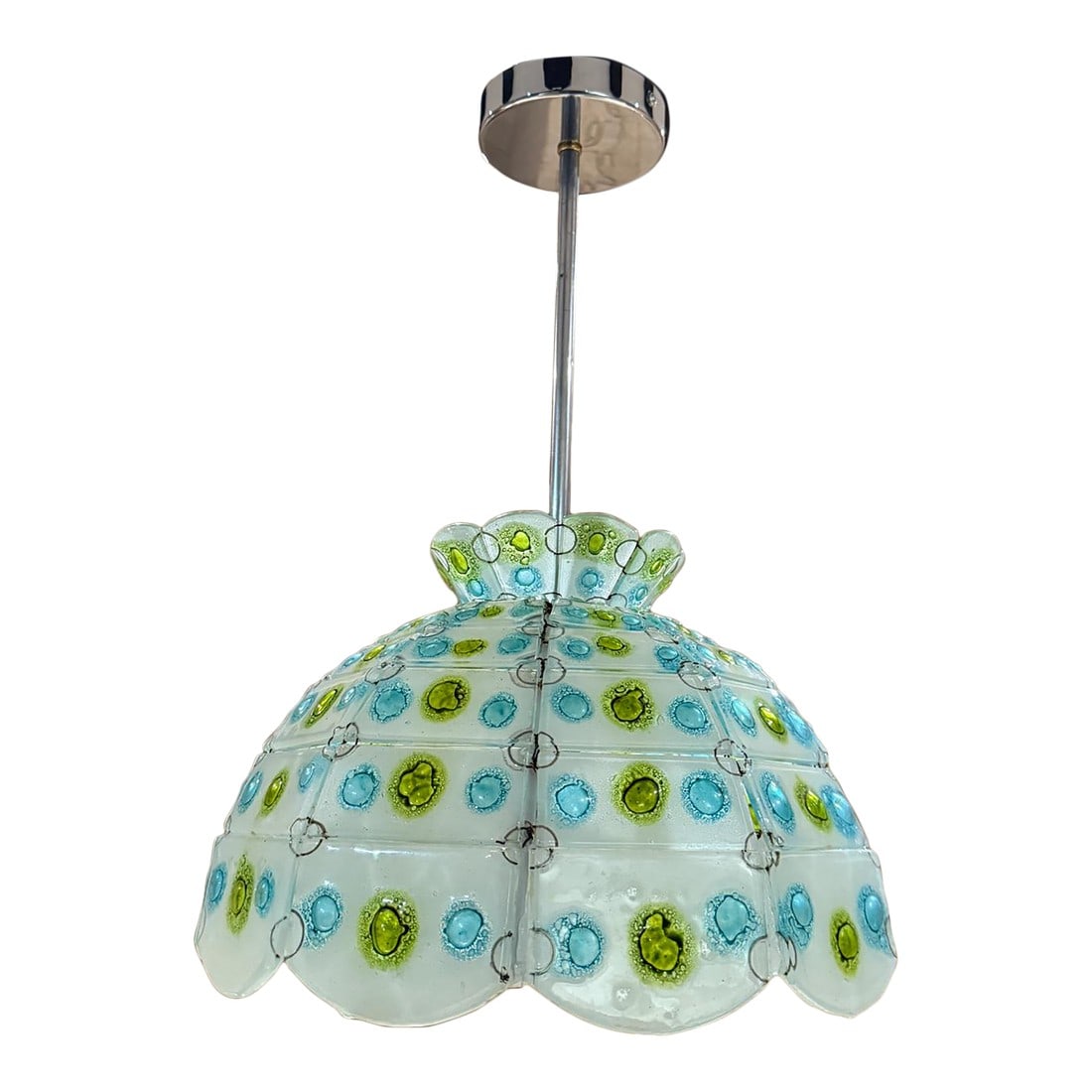 Feliper Delfinger Feders Hand Blown Glass Pendant Mid-Century Mexican Modern: For your consideration, a hand blown glass pendant- chandelier designed by Feliper Delfinger for Feders. Mexico circa the 1970s. Dome constructed with glass tiles. Dominant color is white with light