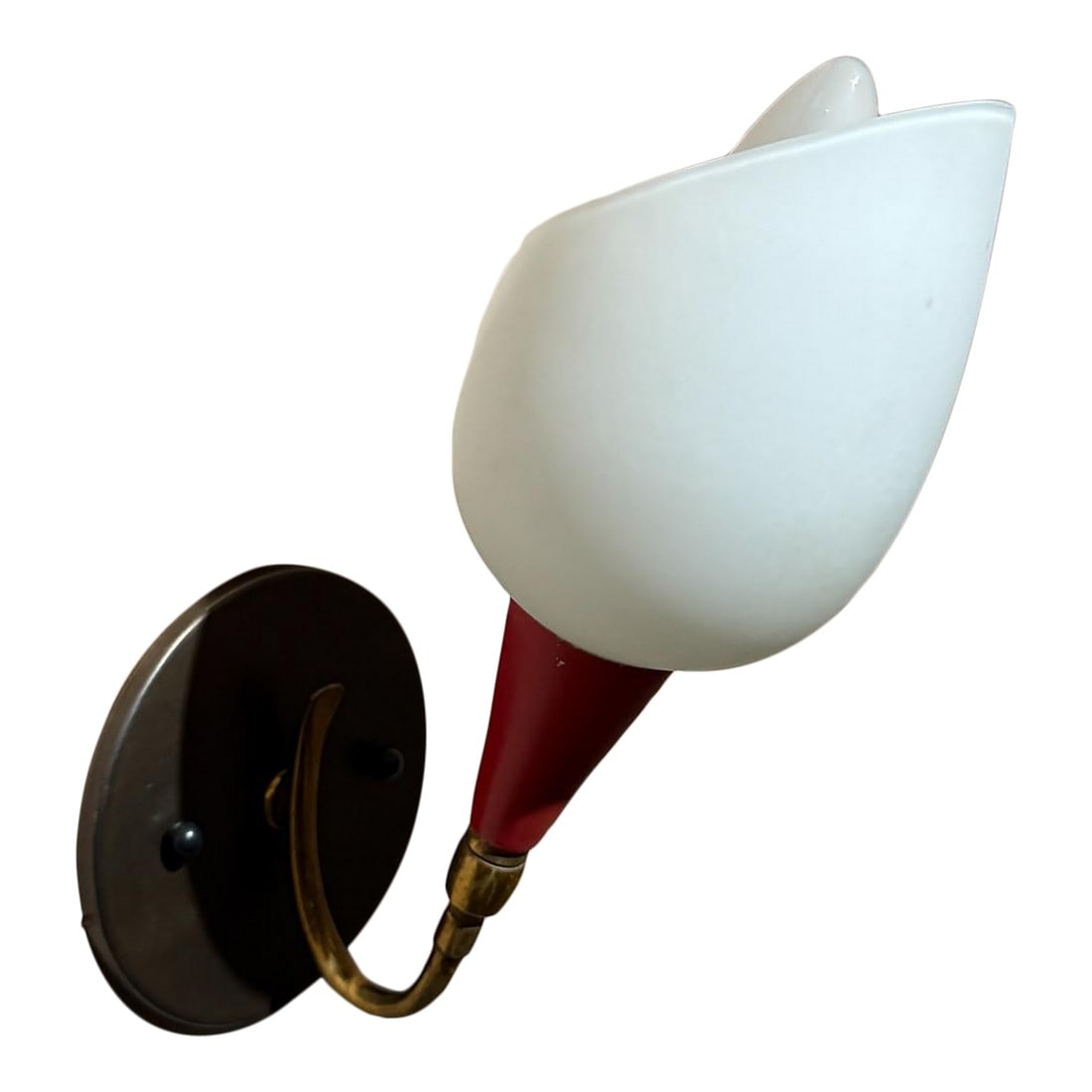 Italian Sconce Sculptural Satin Glass Shade & Brass Mid Century Ponti Era: For your consideration, an Italian sconce with sculptural glass shade in satin finish and & brass body. Aluminum body in red original red paint. Mid Century Ponti Era. Made in Italy circa the 1950s.