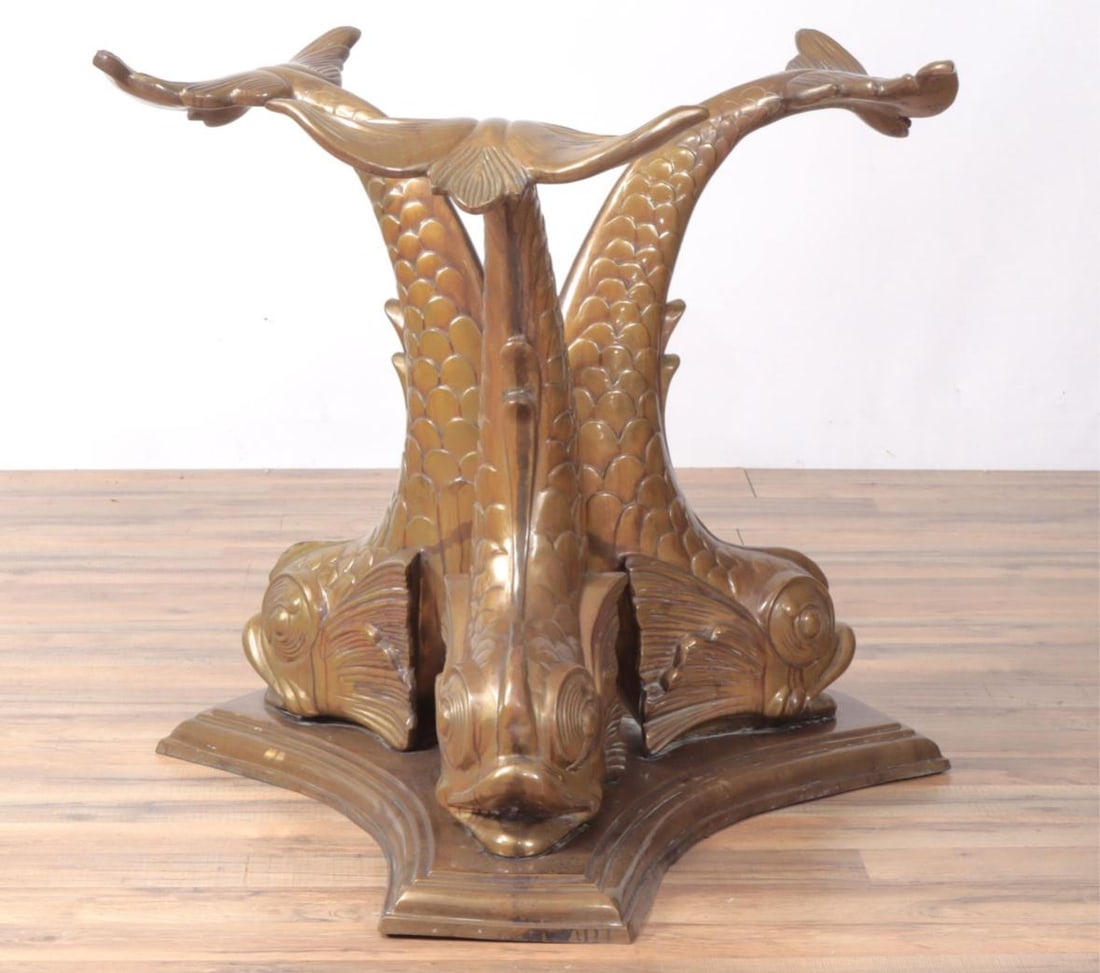 Round Glass Top Dining Table With a Three Dolphins Solid Brass Base. Mid Century Modern Meets - 3