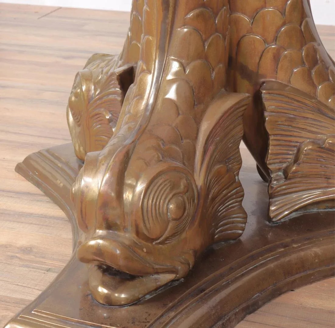 Round Glass Top Dining Table With a Three Dolphins Solid Brass Base. Mid Century Modern Meets - 5