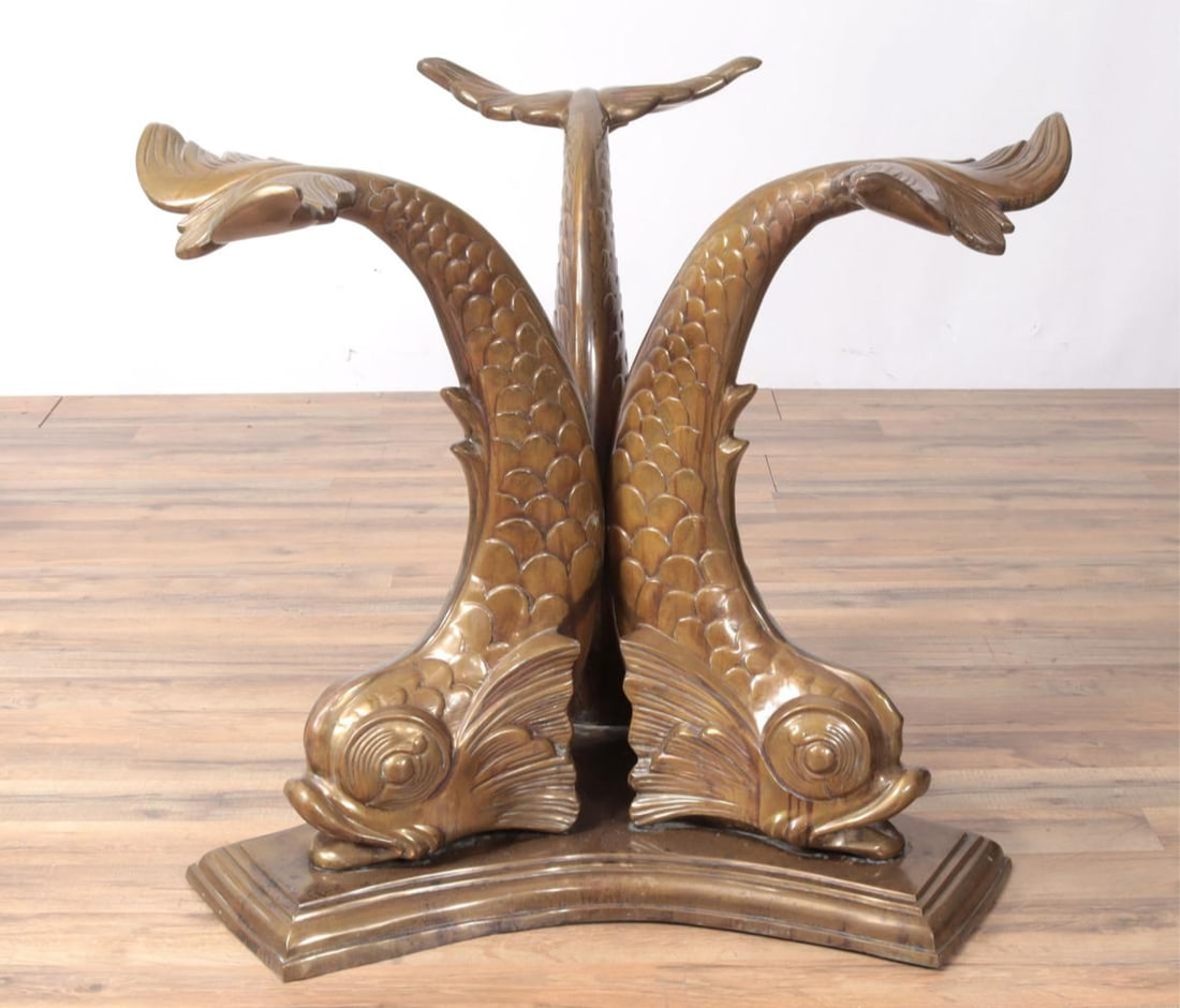 Round Glass Top Dining Table With a Three Dolphins Solid Brass Base. Mid Century Modern Meets - 6