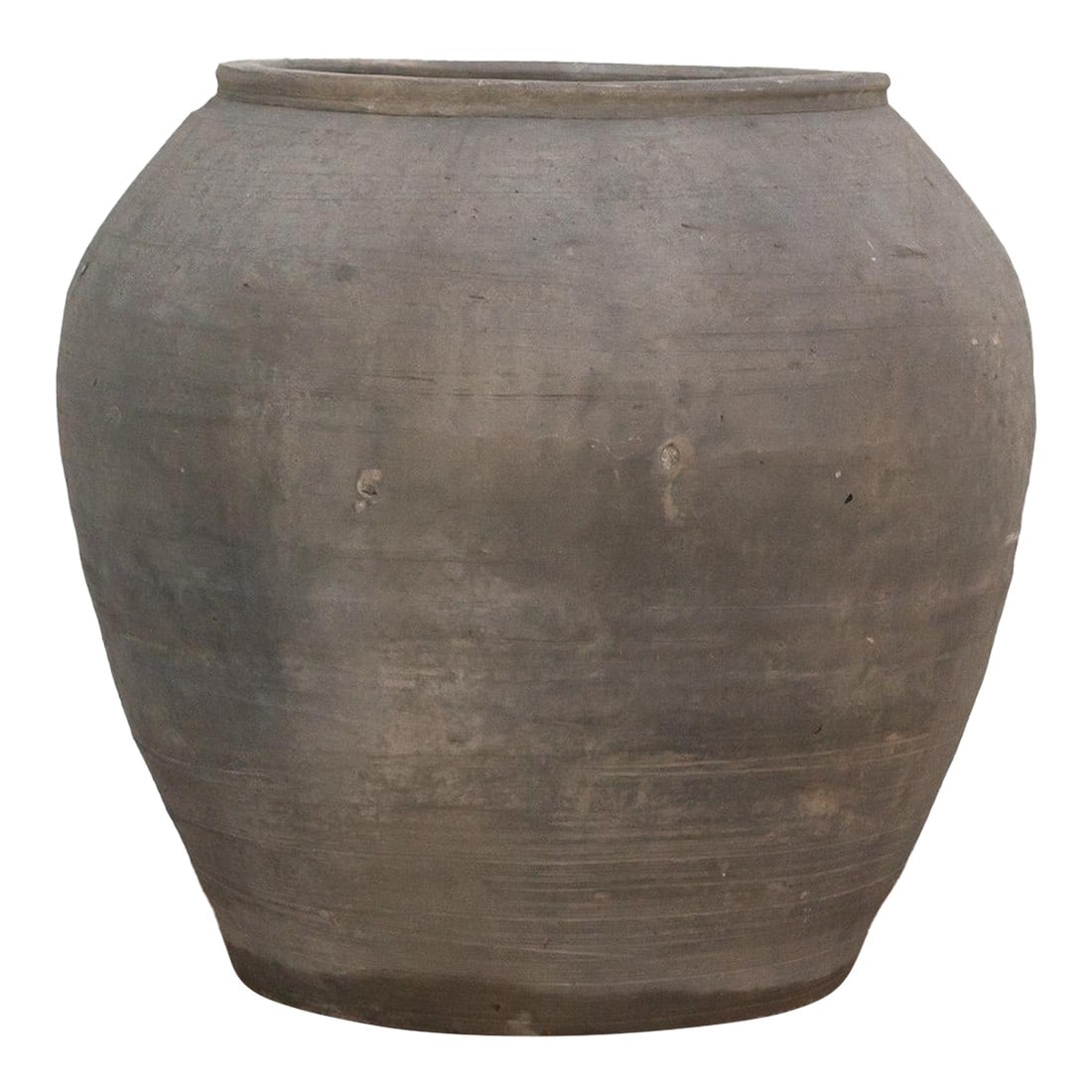 Large Vintage Timeworn Clay Vase: Featuring a beautifully weathered gray finish, this large vintage pottery vase stands out with its rounded silhouette and textured surface. The matte gray tones, softened with hints of white aging, cr