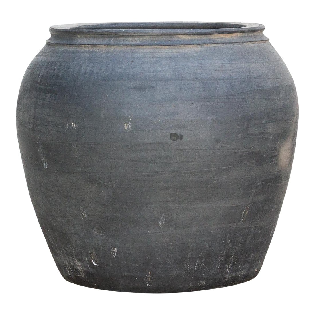 Obsidian Patina Clay Pot: Featuring a beautifully weathered gray finish, this large vintage pottery vase stands out with its rounded silhouette and textured surface. The matte gray tones, softened with hints of white aging,