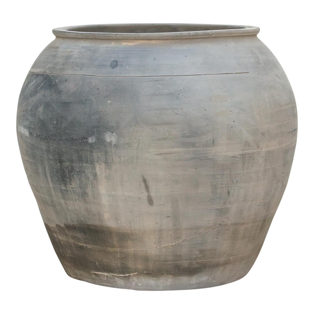 Vintage Clay Charcoal Urn: Featuring a beautifully weathered gray finish, this large vintage pottery vase stands out with its rounded silhouette and textured surface. The matte gray tones, softened with hints of white aging, cr