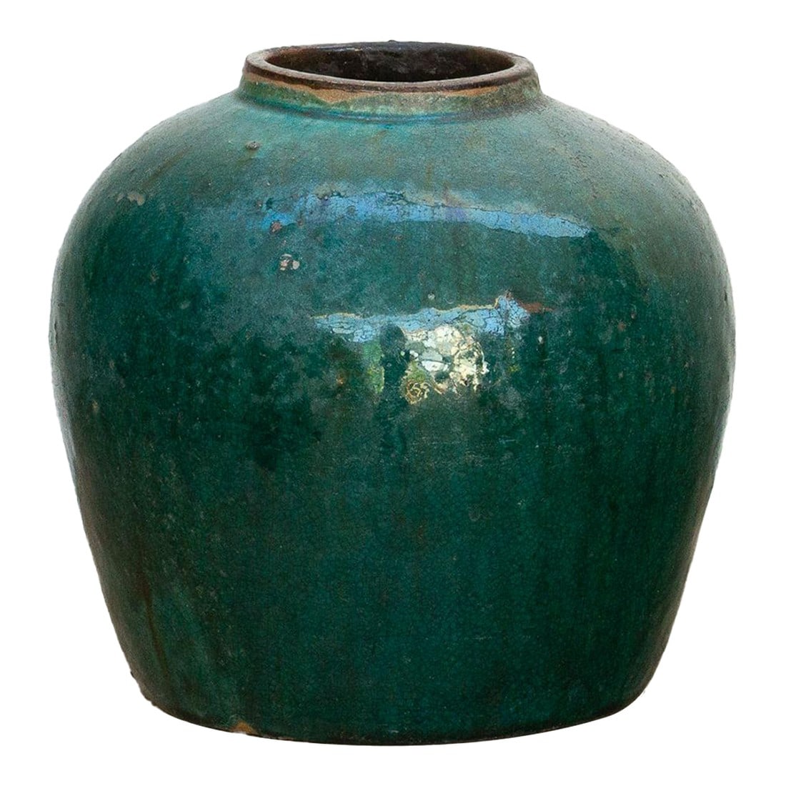 Lush Fern Glazed Asian Vase: Early 20th century Chinese ceramic vase. This antique farmhouse style ceramic jar has a beautifully aged emerald green glazed finish. This lovely antique pot was originally used to store honey or oil.