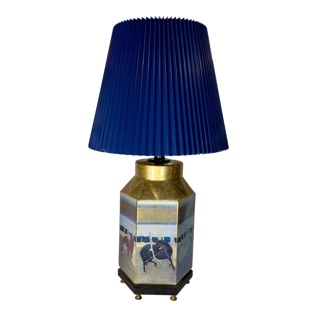 Vintage Late 20th Century Reverse Painted Hexagonal Tang Horse Table Lamp With Bespoke Navy Blue Sha: Introducing the stunning "Vintage Late 20th Century Reverse Painted Hexagonal Tang Horse Table Lamp with Bespoke Navy Blue Shade" – a captivating piece that beautifully marries artistry and