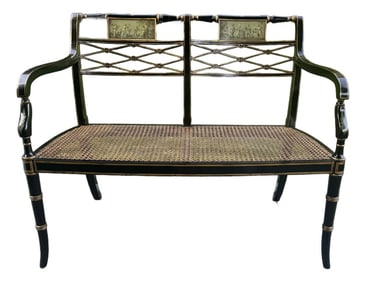 1990s English Regency Caned Bench With Hand Painted Accents