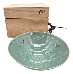 Japanese Celadon Pottery Bowl With Cranes and Lotus Motif in Original Signed Box
