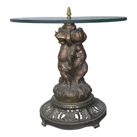 Antique 19th Century Patinated Bronze and Glass Putti Side Table