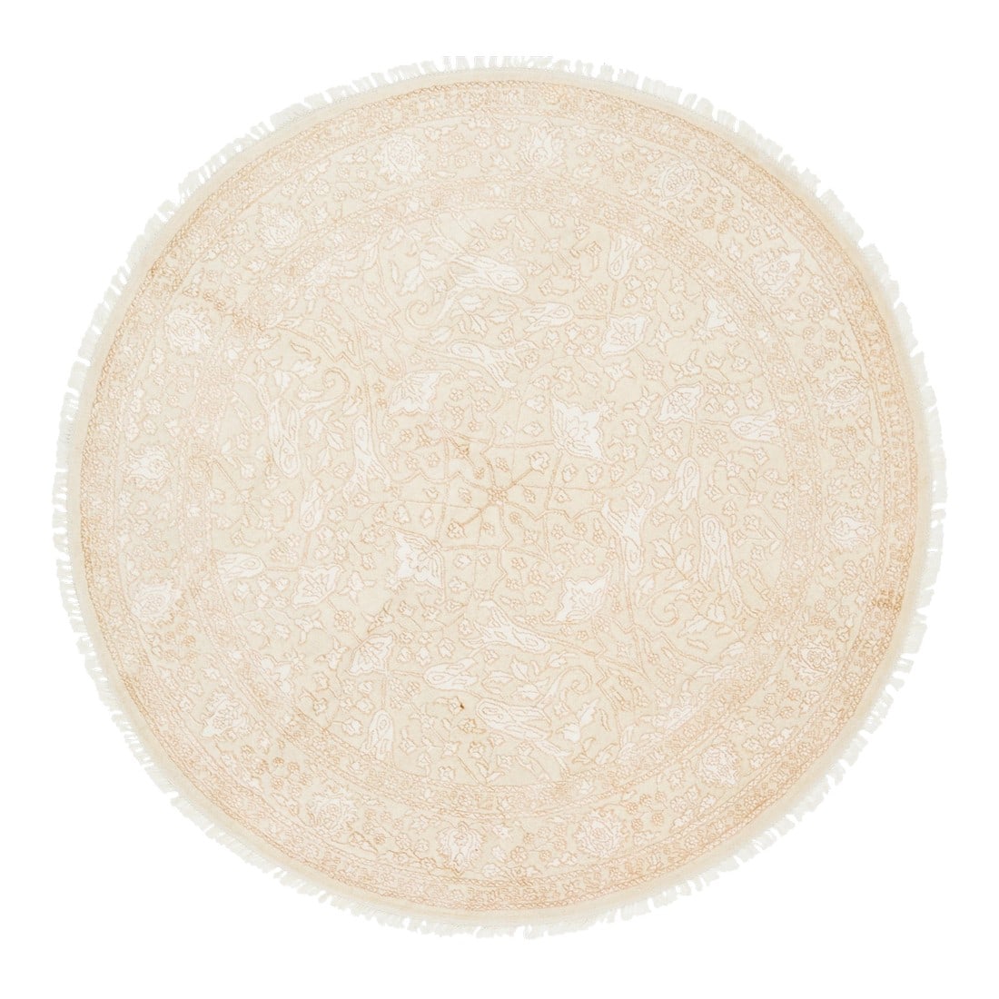 Modern Floral Designed Wool and Silk Round Rug in Beige: This beautiful contemporary round rug is hand-knotted from a blend of wool and silk, featuring a stunning beige color palette. With elegant ivory and copper accents, it's all-over floral design