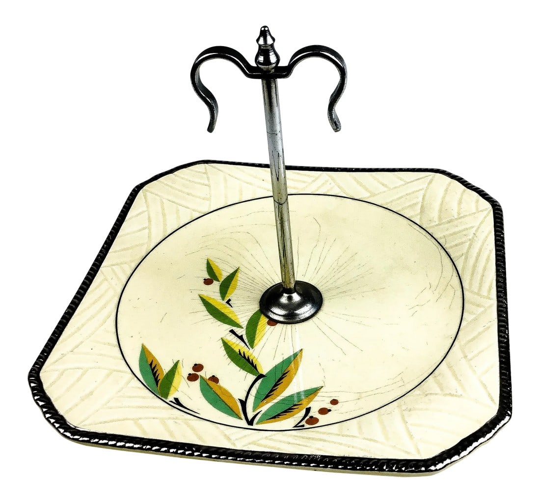 Sheffield Ware Hollywood Platinum Serving Plate: Rare finger holder style serve Ware. Have not been able to ID this particular pattern by Sheffield. Probably a limited edition. We love the top stainless holder for your fingers to easily ove it