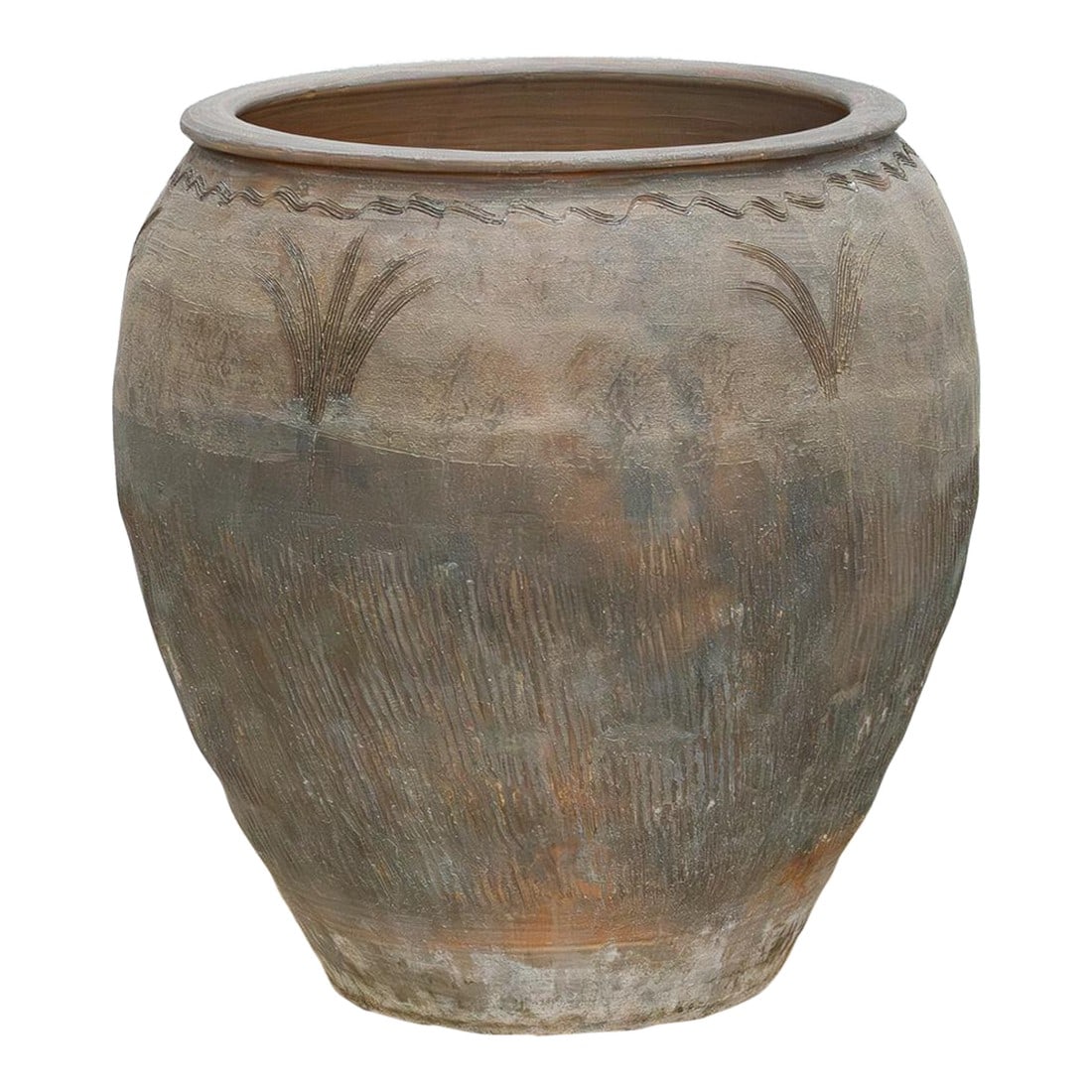 Ranch House, Large Vintage Etched Planter: Discover the raw, organic beauty of traditional craftsmanship with this magnificent large vintage unglazed pot. Standing at a substantial height with a 26-inch diameter (and a wide opening), this