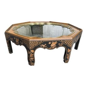 1980s Vintage Chinoiserie Octagonal Glass-Top Coffee Table With Floral Hand-Painting
