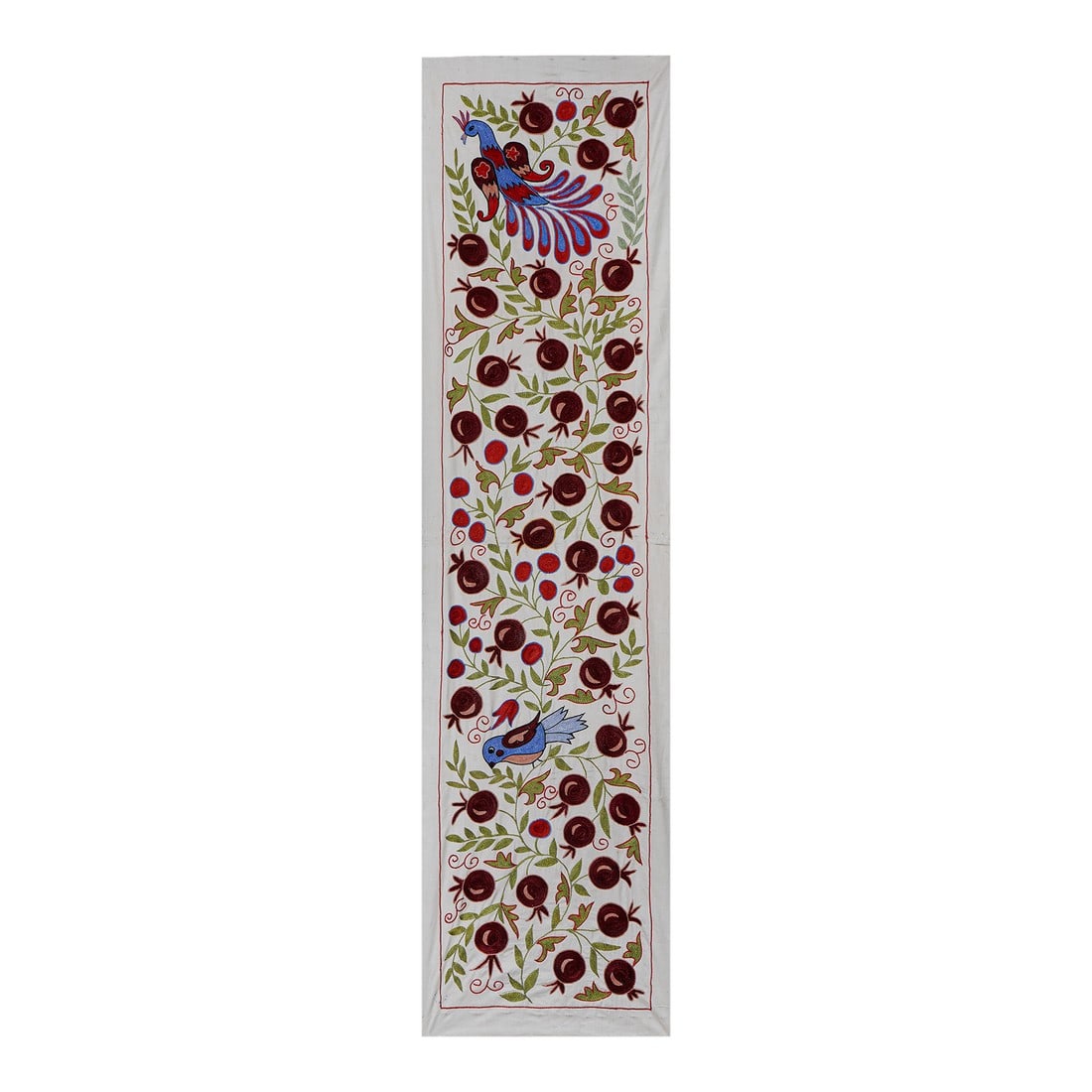 Suzani Animal Runner - Wall Decor: Vintage Suzani from Samarkand, circa 1900s. Dimension; 20'' x 74" inches /51 x 187cm / 1'8'' x 6'1'' Material: Silk Cotton Blend Condition: Vintage Origin: Uzbekistan Kindly note: - Depending on