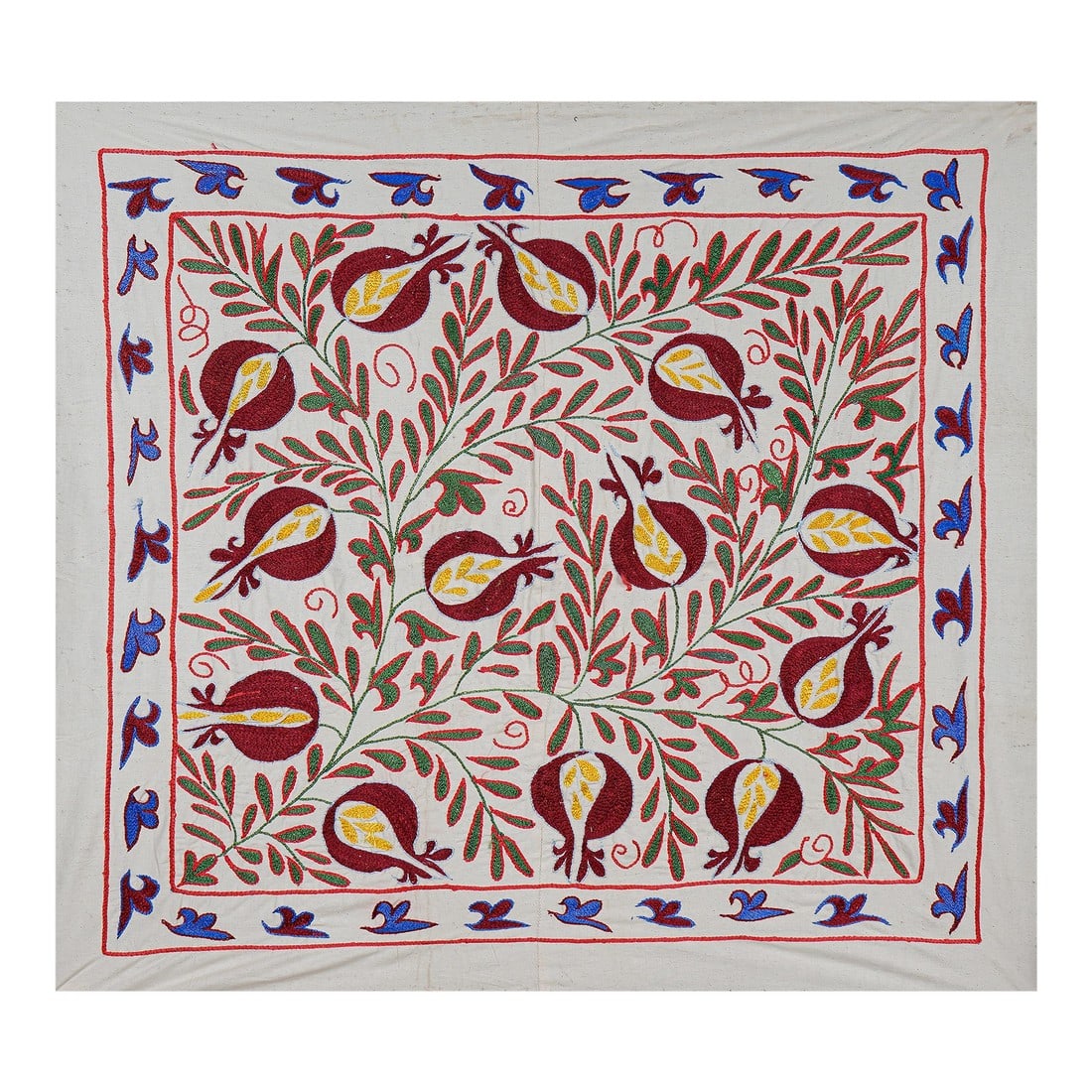 Square Suzani Wall Art With Red and Yellow Pomegranates: Vintage Suzani from Samarkand, circa 1900s. Dimension; 34'' x 38" inches / 86 x 97 cm / 2'8'' x 3'2'' Material: 100% cotton. Condition: Vintage Origin: Uzbekistan Kindly note: - Depending on the