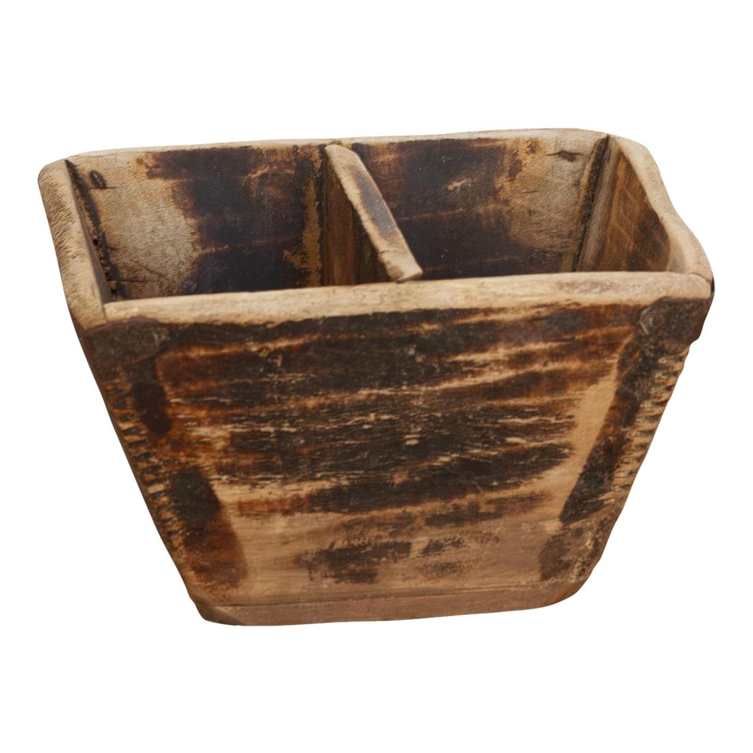 Distressed & Authentic Painted Grain Basket: Discover the honest beauty and enduring utility of rural craftsmanship with this charming small vintage wooden bucket. Measuring approximately 7 inches square and standing 5 inches high, this unique