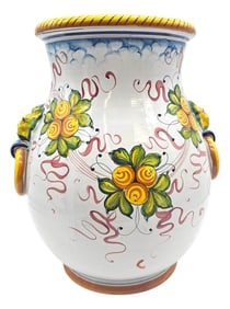 Hand Painted Italian Majolica Urn With Cherub, Lion Head Handles, and Floral Motif