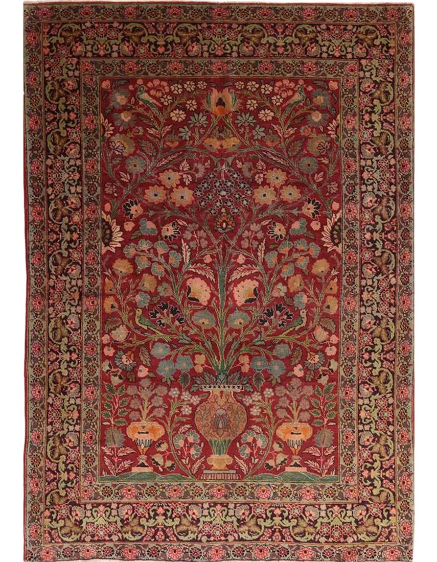 1940s Persian Tabriz Area Rug 4'2" X 6'0": This traditional old handwoven Tabriz area rug features a directional floral design. The luxurious field of red is elegantly enclosed with a highly nuanced border of black. Additionally, accent